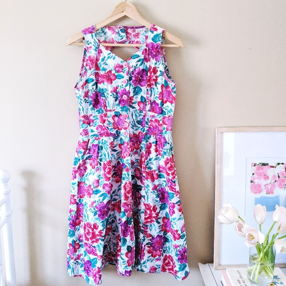 90s purple green floral button up dress - Picture 3 of 9